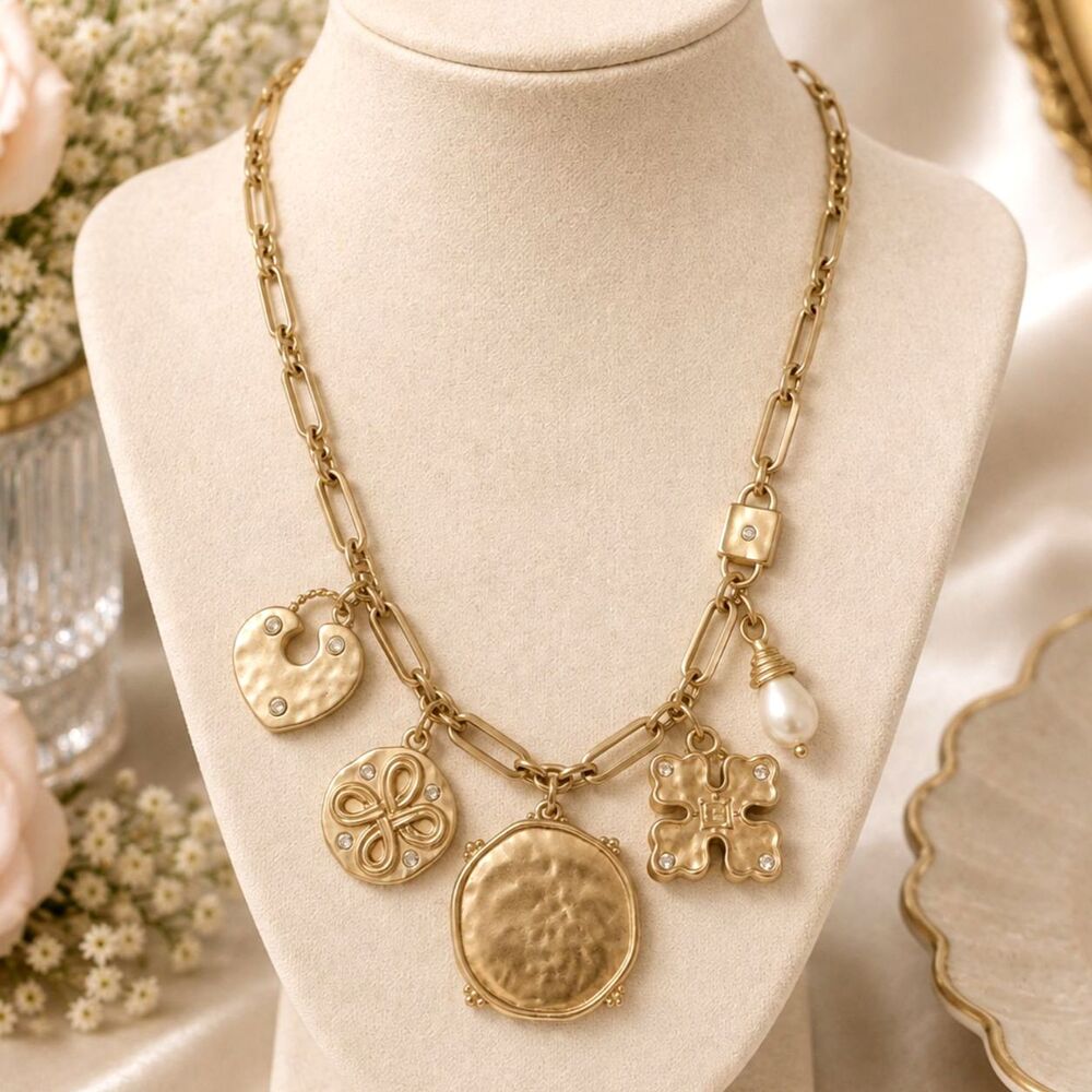Chico's Matte Gold Statement Charm Necklace 17"